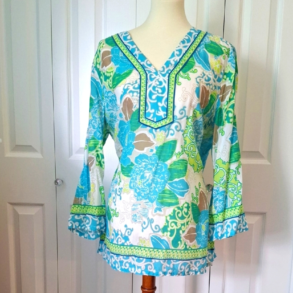 JM Collection Graphic Blue & Green 3/4 Sleeve Tunic
